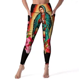Active Pants Virgin Mary Of Guadalupe Leggings Pockets Flower Print Yoga High Waist Workout Legging Casual Stretch Sport