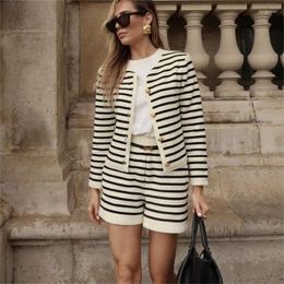 Women's Tracksuits 2024 Spring Autumn Slim Fit Striped Suit Long Sleeve Single-Breasted Crew Neck Coat Top High Waist Straight Shorts