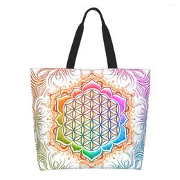 Shopping Bags Flower Of Life Lotus Groceries Print Canvas Shopper Tote Shoulder Large Capacity Sacred Mandala Handbag