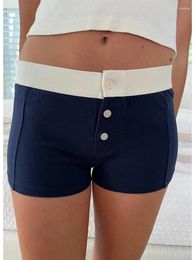 Women's Shorts American Three Buttons Slim Home Summer Stitching Patchwork Elastic Waist Yoga Short Pant Cotton Cute Straight