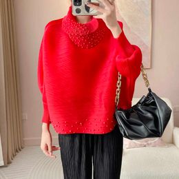 Womens Loose Spring and Autumn Clothes the Batwing Pearled Turtle Neck Blouse Draped Tops Women Oversize t Shirt