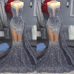 Shining Mermaid Prom Dresses Sweetheart Sequined Illusion Beads Detachable Train Backless Zipper Custom Made Shining Party Evening Dress Vestido De Noite