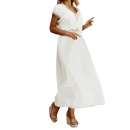 Casual Dresses Boho Sundress Women'sV Neck Lace Panel White Dress Up Waisted Beach Party Long Loose Fit Vestidos