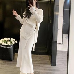 Work Dresses Women Sweater Skirt Two Pieces Set Loose Half High Collar Casual Autumn Winter Knitted Button Blouse Dress Suit Pullover