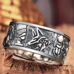 Classic Ancient Egyptian Gods Totem Anubis Wolf Head 14K White Gold Ring Fashion Men Open Ring Vintage Amulet Jewellery