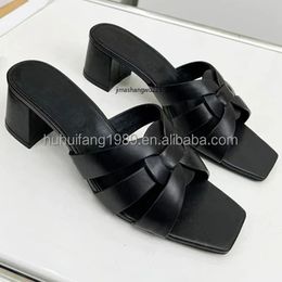 Summer 2024 New Versatile Square Head Open Toe Mid Heel Slippers for Women Large Muller Shoes