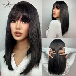 Wigs EASIHAIR Straight Black Wigs with Bang Medium Long Natural Synthetic Cosplay Hair Wig for Women Daily Party Heat Resistant Fibre