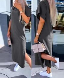 Casual Dresses Women's Dress 2024 Spring Summer Solid Colour Loose And Comfortable Mid-Calf Slit Short Sleeve Round Neck