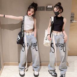 Big girls letter printed jeans 2024 summer big kids short vest tops fashion teenagers Draping floor mopping pants Z7272