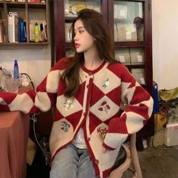 Women's Knits Autumn Winter Sweaters Argyle Flower Embroidery Single Breasted Knit Cardigan Y2k Harajuku Vintage Loose Design Clothing