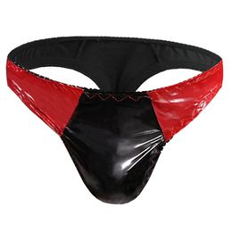 Underpants Low Waist Sexy Fashion Male Faux Leather Thong G-String Mens Black Red Contrast Color Underwear Panties