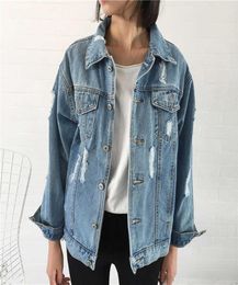 Womens Jean Jackets Retro Turndown Collar Denim Jacket Loose Oversize Basic Coats Motorcycle Punk Ripped Hole Female Outwear SH194108841