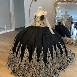 Black Shiny Quinceanera Dress Princess Prom Gown Gold Appliques Lace Beads Tull With Cape Sweet 15 16 Dress Vestidos De 15 Anos