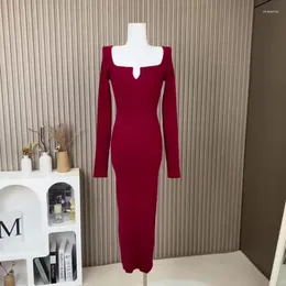 Casual Dresses 2024 Sweater Dress For Women Elastic Bodycon Long Sleeve Knitted Autumn Winter Solid Colour V Neck Midi