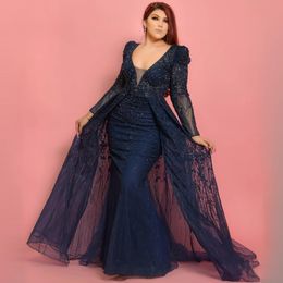 2024 Dark Navy Mother of the Bride Gowns Formal Dresses for Women V Neck Long Sleeves Beaded Lace Elegant Mermaid Groom's Mother Dress for Wedding Marriage AMM128