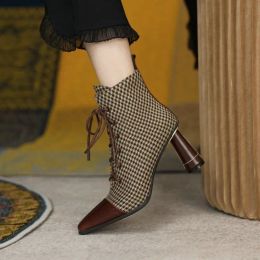 Boots Fashion Women Boots Chequered Pointed Toe Zipper High Heel Ladies Ankle Boots Office Lady Laceup Metal Decoration Female Shoes