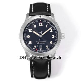 New Silver Case 41mm ETA2824 A17315101B1X2 Automatic Mens Watch Black Dial Leather Strap Date Gents Popular Sport Wristwatches
