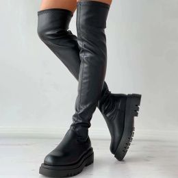 Boots Autumn Winter Thigh High Boots Women Plus Size Slim PU Leather Long Boots Woman Fashion Platform Over The Knee Botas Mujer 2022