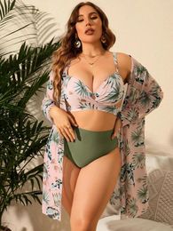 Women's Swimwear 3pcs Sexy Plus Size Swimwea Women Swimsuit With Cover-up Large Bikini Set Female Surfing Wetsuit Bathing Suit 2024 Mujer