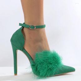 Sandals Women Pumps Sexy Show 11CM High Heels Feather Black Green Girls Shoes For Party Club Drop Sale LFD Stiletto