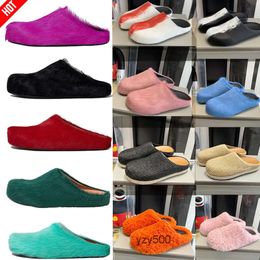 2024 marniliness platform slippers with cowhide long fur Fussbett sandals Comfort luxury ourdoor indoor room mules slides shoes womens mens beach slippers big C53D