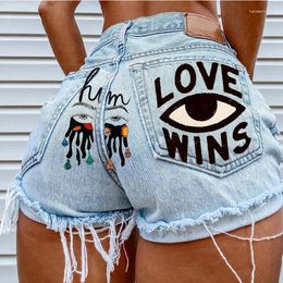 Womens Jeans Plus Size Jean Shorts Blue Printed Eyes Graffiti Rip Hole Butt-lift Short for Women