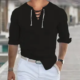 Men's Casual Shirts Men Shirt Retro Lace-up V Neck With Slim Fit Long Sleeves For Spring Fall Soft Breathable Daily