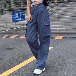 Women's Jeans Y2K Baggy Retro Blue Pants Women Large Size Pockets Stretch Denim Trousers High Waist Button Straight Leg Streetwear