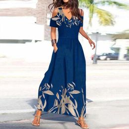 Casual Dresses Summer Tropical Boho Beach Long Dress Women Cold Shoulder Sleeve Floral Print Sling With Packet Maxi