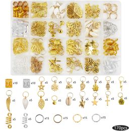 Tools 170pcs/box Gold Mix Leaves Spring Ring Hair Braid Dreadlocks Beads Clips Hair Decoration Accessories with Storage Box