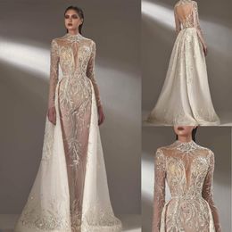 Sexy Women Wedding Dress High Collar Long Sleeves Bridal Gowns Sequins Appliques See Through Sweep Train Dress Custom Made vestidos de novia