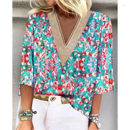 Women's Blouses Half Sleeve Flower Print Blouse For Woman Fashion Spring Lace V Neck Elegant Shirt 2024 Summer Casual Top Loose Blusas 26133