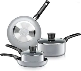 Cookware Sets 6-Piece Set Pots & Pans Basic Kitchen Black Non-Stick Coating Inside Gray