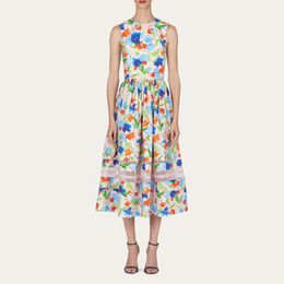 European fashion brand cotton Colourful floral printed crew neck sleeveless vest midi dress