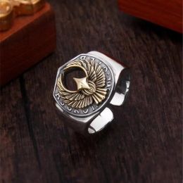 Handmade Retro Alphabet Flying Eagle Open 14K White Gold Ring Indian Domineering Mens Rings Ladies Trendy Hip Hop Jewelry