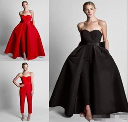 Fashion Red Detachable Train Evening Prom Dresses Cheap Jumpsuits Bows Sweetheart Simple Satin Pants Suits Whole Zuhair Murad9003169