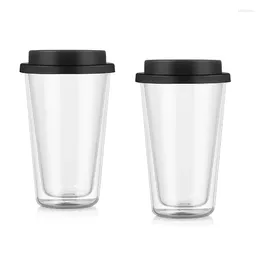 Mugs 2 Packs Double Walled Glass Coffee With Silicone Lids 12 OZ /350ML Dishwasher Safe