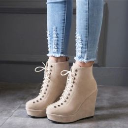 Boots Platform Women's Ankle Boots Autumn Winter Shoes Wedge High Heels Lace Up Short Boot Nude Black Suede Wedges Dance Party Shoes