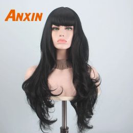 Wigs Anxin Long Black Wigs for Black Women Wave Hairs with Bangs Synthetic Natural Colour Black Blonde Yellow Cosplay Party Wig