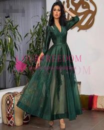 2020 Arabic Emerald Green Lace Evening Dresses Full Sleeves Appliques Ankle Length Elegant Prom Gowns Party Dress3658419