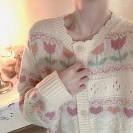 Women's Knits Kawaii Cute Lolita Knitted Sweater Women Hollow Out Tulip Flower Cardigan 2024 Autumn Vintage Loose O Neck Full Sleeves Chic