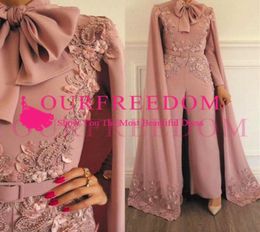 Modest Pink Long Sleeves Beaded Jumpsuits Two Pieces Prom Dresses Cap Shawl Special Evening Gowns Party Dress Plus Size Robes De S5916258