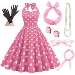 Summer Women's Dress Polka prickar klänning med örhängen halsband pannband glashandskar