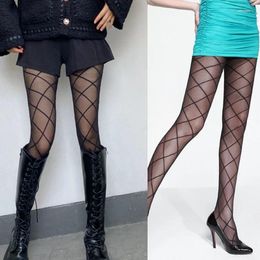 Women Socks Diamond Pattern Pantyhose Checkered Stockings Sheer Plaid Black Net Patterned Nightclub Costume