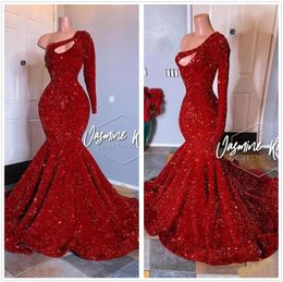 Red One Shoulder Sequins Mermaid Long Prom Dresses Sparking Long Sleeves Ruched Evening Gown Plus Size Formal Party Wear Gowns BC39484800