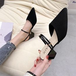 Sandals Women Mules Shoes 2024 Summer Pointed Toe Chunky Heels Ladies Slippers Fashion Plus Size Dress Party Mid Heel