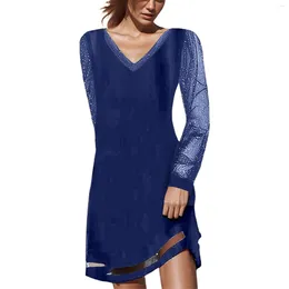 Casual Dresses Women Fashion Solid Diamond Studded Mesh Long Sleeves Dress V Neck Loose Pullover Mini