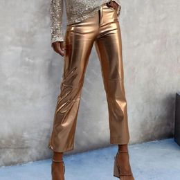 Women's Pants Faux Leather Elegant With Zipper Closure Pockets For Club Party Slim Fit Glossy Mid Waist Ninth