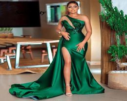 Africa Mermaid Evening Dresses Sexy One Shoulder Satin Long Prom Gowns Aso Ebi Side Slit Women Formal Dress1613261