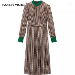 Casual Dresses MARYYIMEI Fashion High Street Dress Designer Women's O-Neck Long Sleeve Polka Dot Pattern Print Waist Pleated